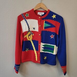 VTG Nautical Theme Cardigan Medium Red White Blue Colorblock Rope Star Flag 80s